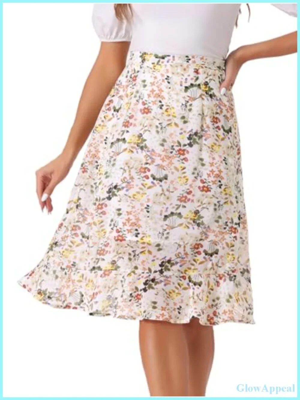 Women's Floral Midi Skirt High Waist A-Line Ruffle Split Hem
